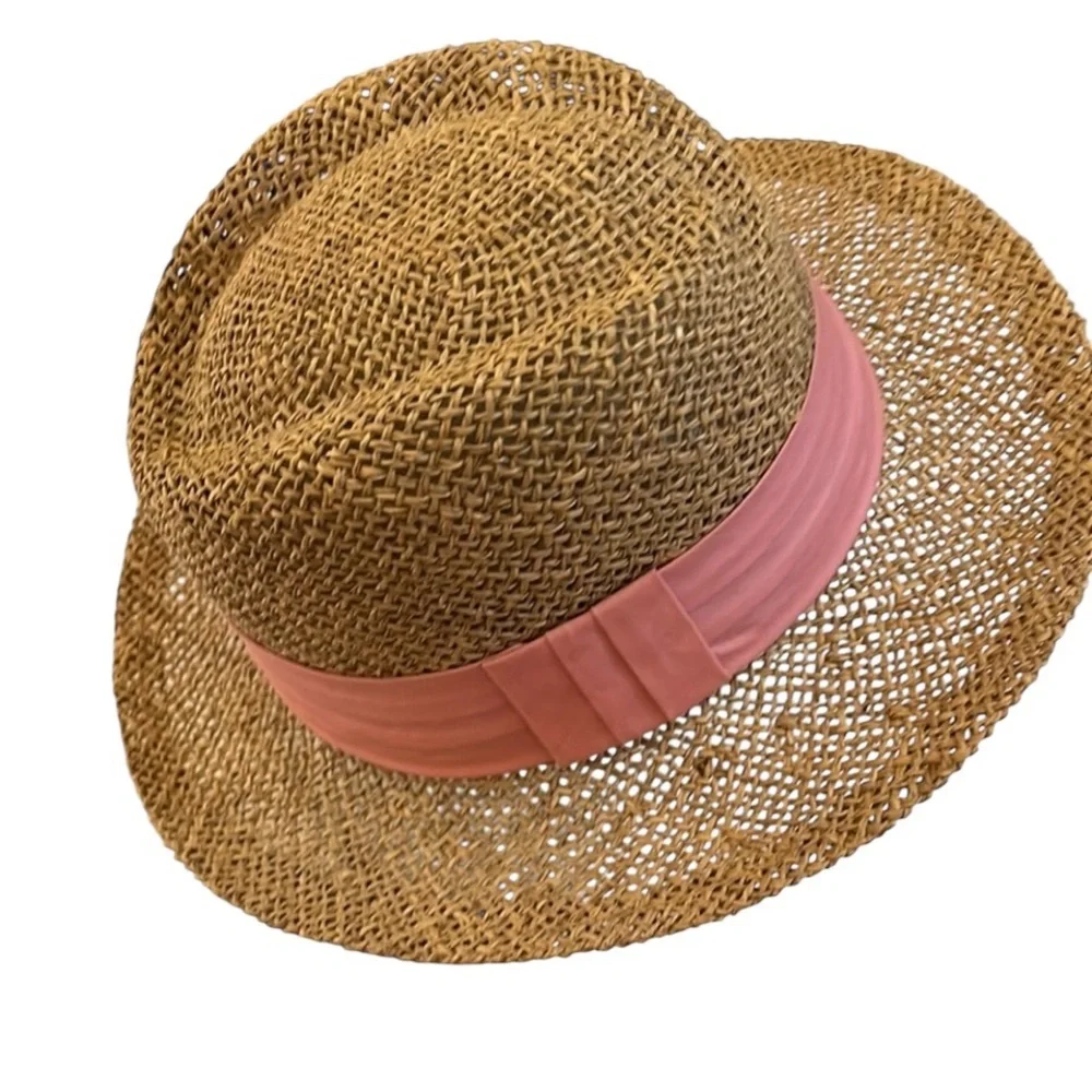 Liz Claiborne tan straw fedora hat with pink ribbon , perfect for  summer